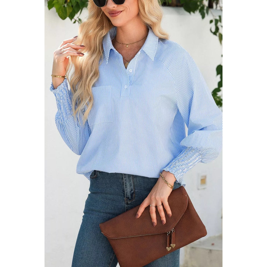 Striped Smocked Sleeve Collared Neck Blouse Light Blue / S Apparel and Accessories