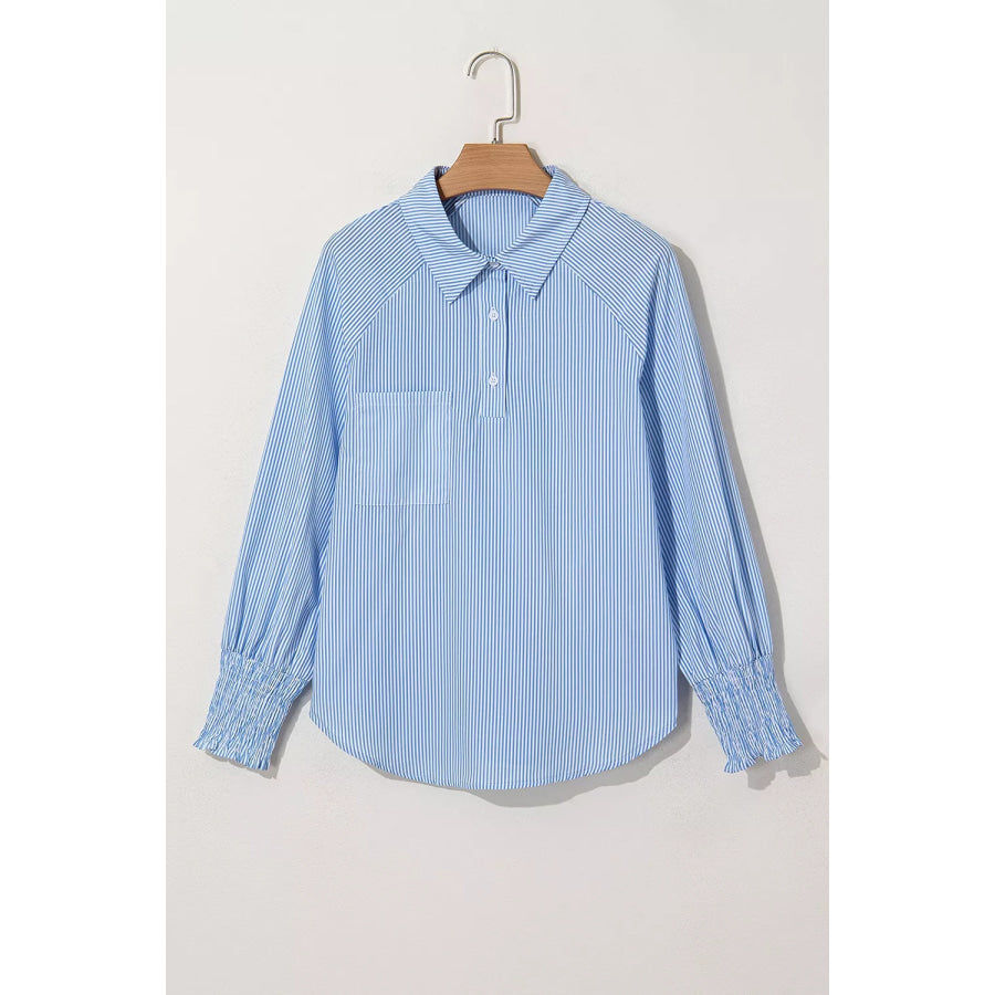 Striped Smocked Sleeve Collared Neck Blouse Apparel and Accessories