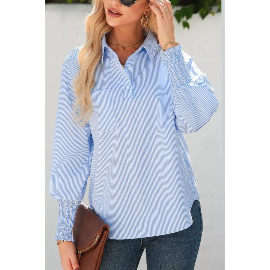 Striped Smocked Sleeve Collared Neck Blouse Apparel and Accessories