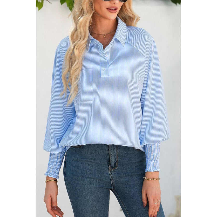 Striped Smocked Sleeve Collared Neck Blouse Light Blue / S Apparel and Accessories