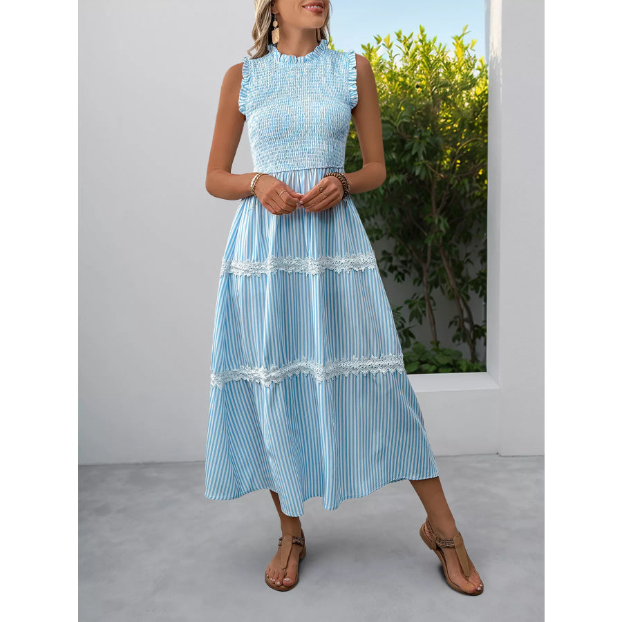 Striped Smocked Sleeveless Tiered Midi Dress Apparel and Accessories