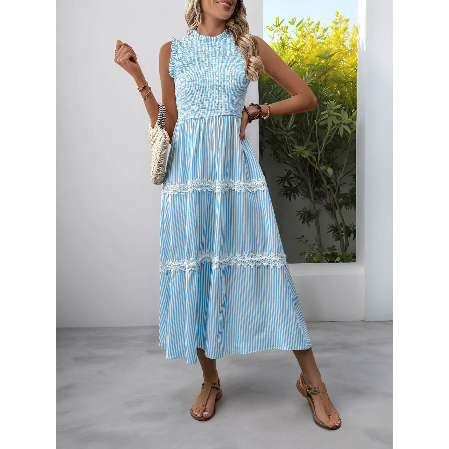 Striped Smocked Sleeveless Tiered Midi Dress Blue / S Apparel and Accessories