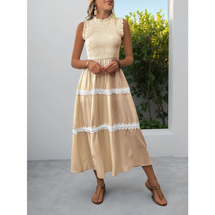 Striped Smocked Sleeveless Tiered Midi Dress Yellow / S Apparel and Accessories