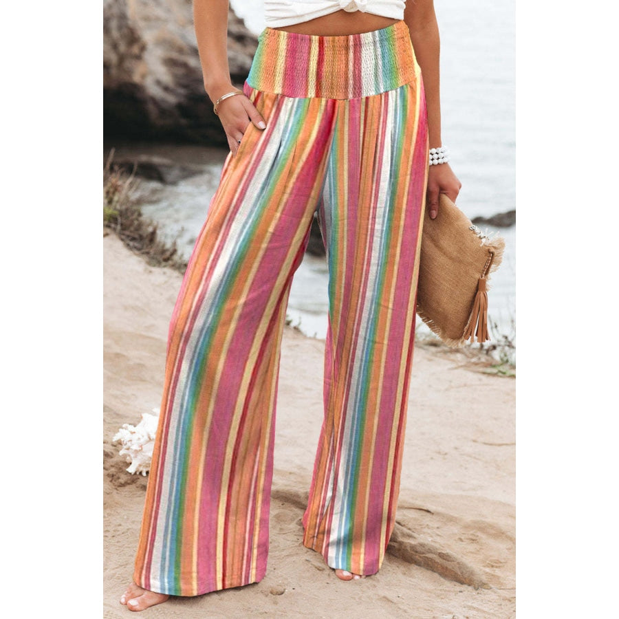 Striped Smocked Waist Pants with Pockets Multicolor / S