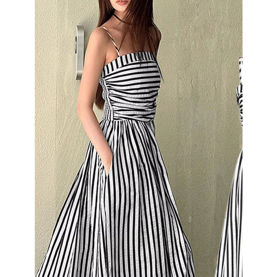Striped Spaghetti Strap A-Line Maxi Dress Apparel and Accessories