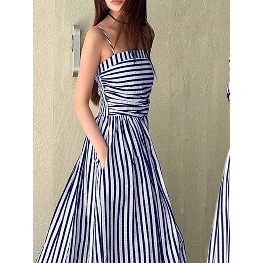 Striped Spaghetti Strap A-Line Maxi Dress Apparel and Accessories