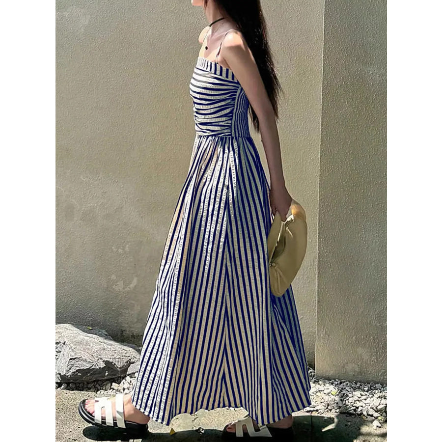 Striped Spaghetti Strap A-Line Maxi Dress Apparel and Accessories