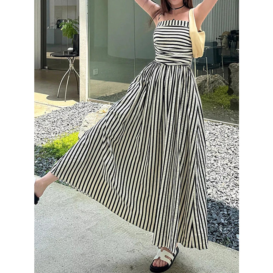 Striped Spaghetti Strap A-Line Maxi Dress Black / S Apparel and Accessories