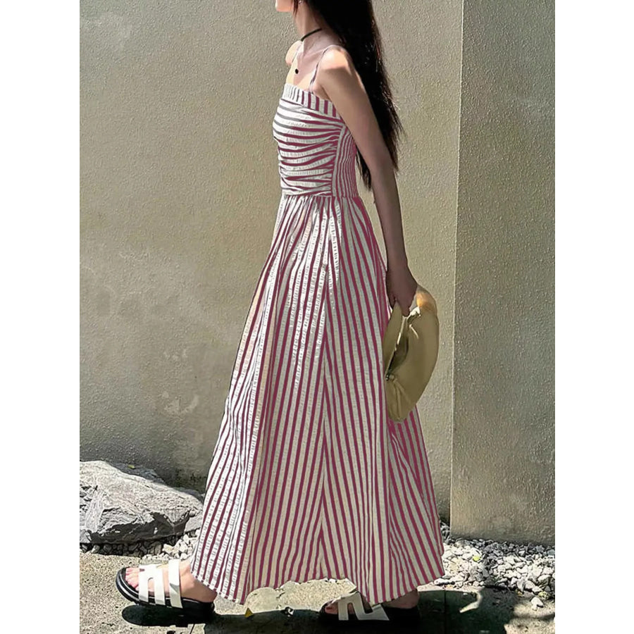 Striped Spaghetti Strap A-Line Maxi Dress Pink / S Apparel and Accessories