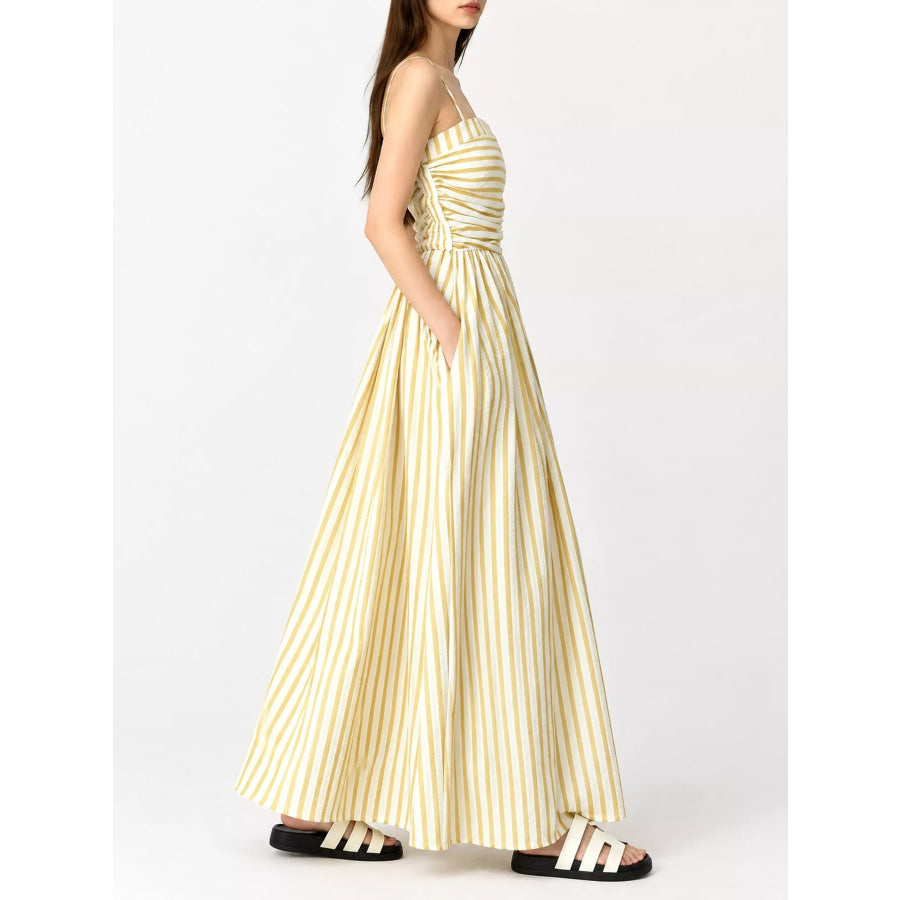 Striped Spaghetti Strap A-Line Maxi Dress Yellow / S Apparel and Accessories