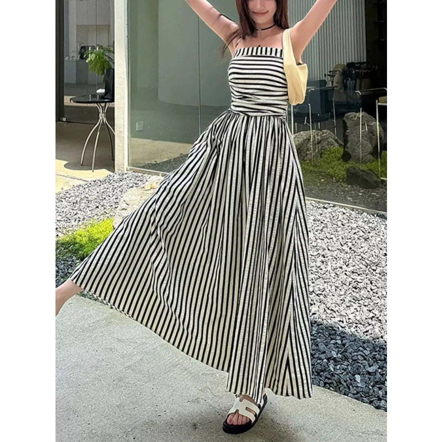 Striped Spaghetti Strap Casual Maxi Dress Black / S Apparel and Accessories