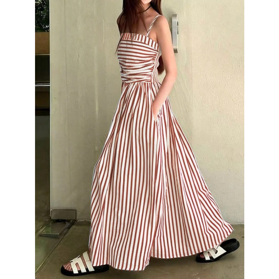 Striped Spaghetti Strap Casual Maxi Dress Brown / S Apparel and Accessories
