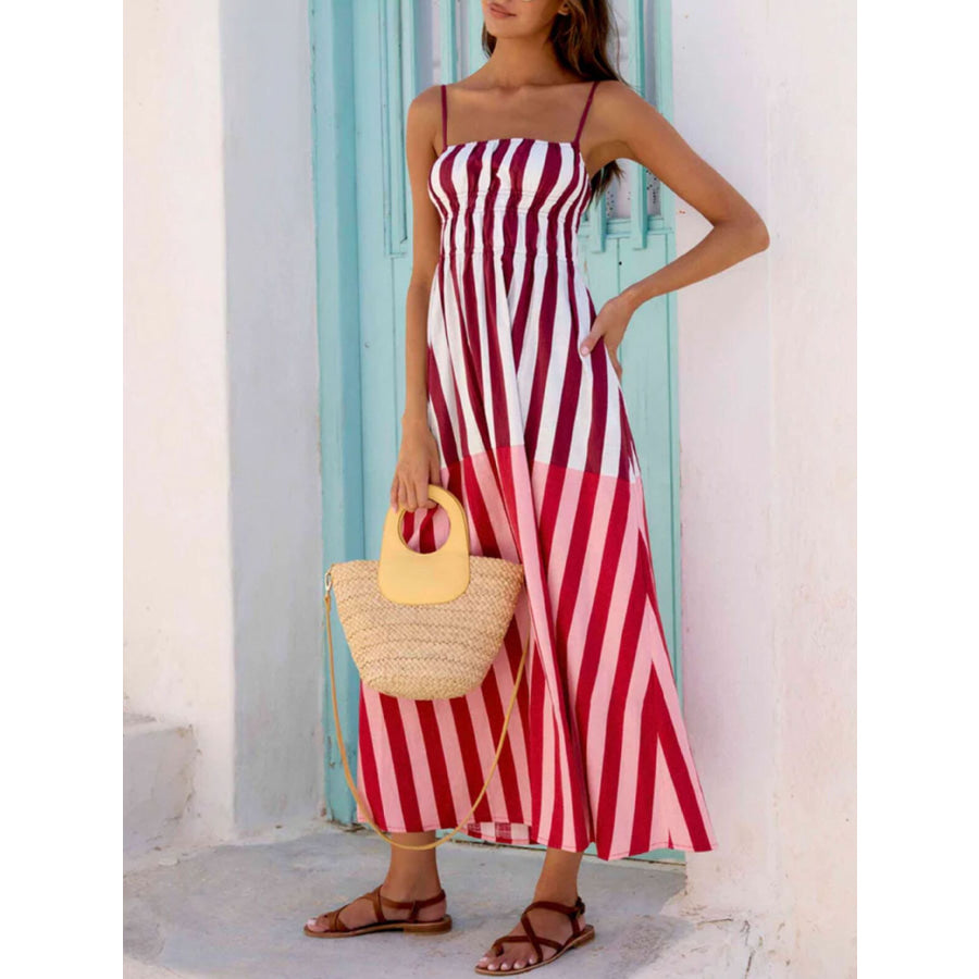 Striped Spaghetti Strap Casual Midi Dress Apparel and Accessories