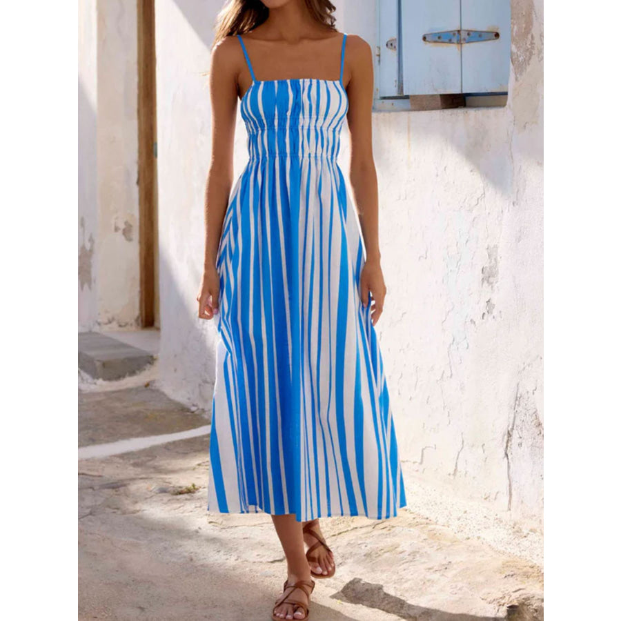 Striped Spaghetti Strap Casual Midi Dress Blue / S Apparel and Accessories