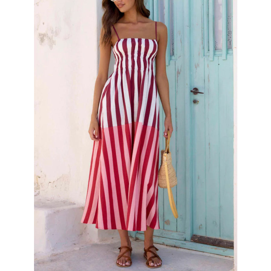 Striped Spaghetti Strap Casual Midi Dress Red / S Apparel and Accessories