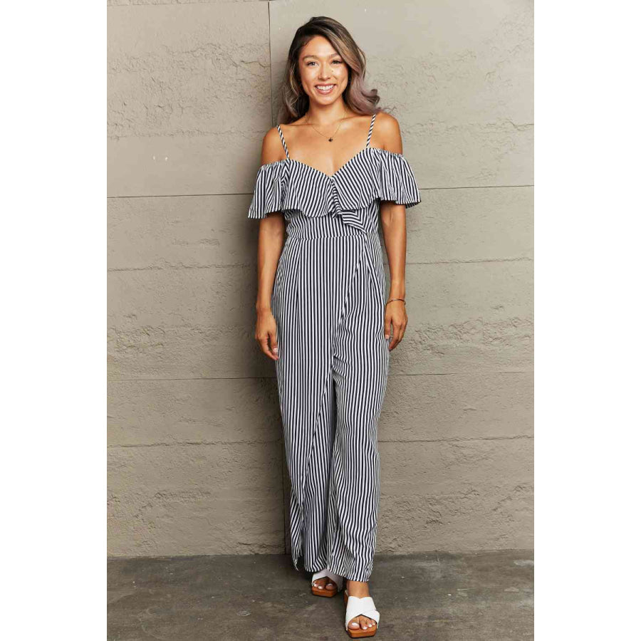 Striped Spaghetti Strap Cold - Shoulder Jumpsuit Apparel and Accessories