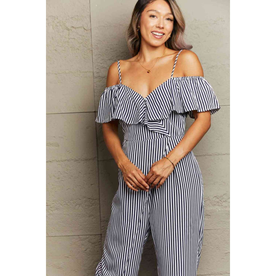 Striped Spaghetti Strap Cold - Shoulder Jumpsuit Apparel and Accessories