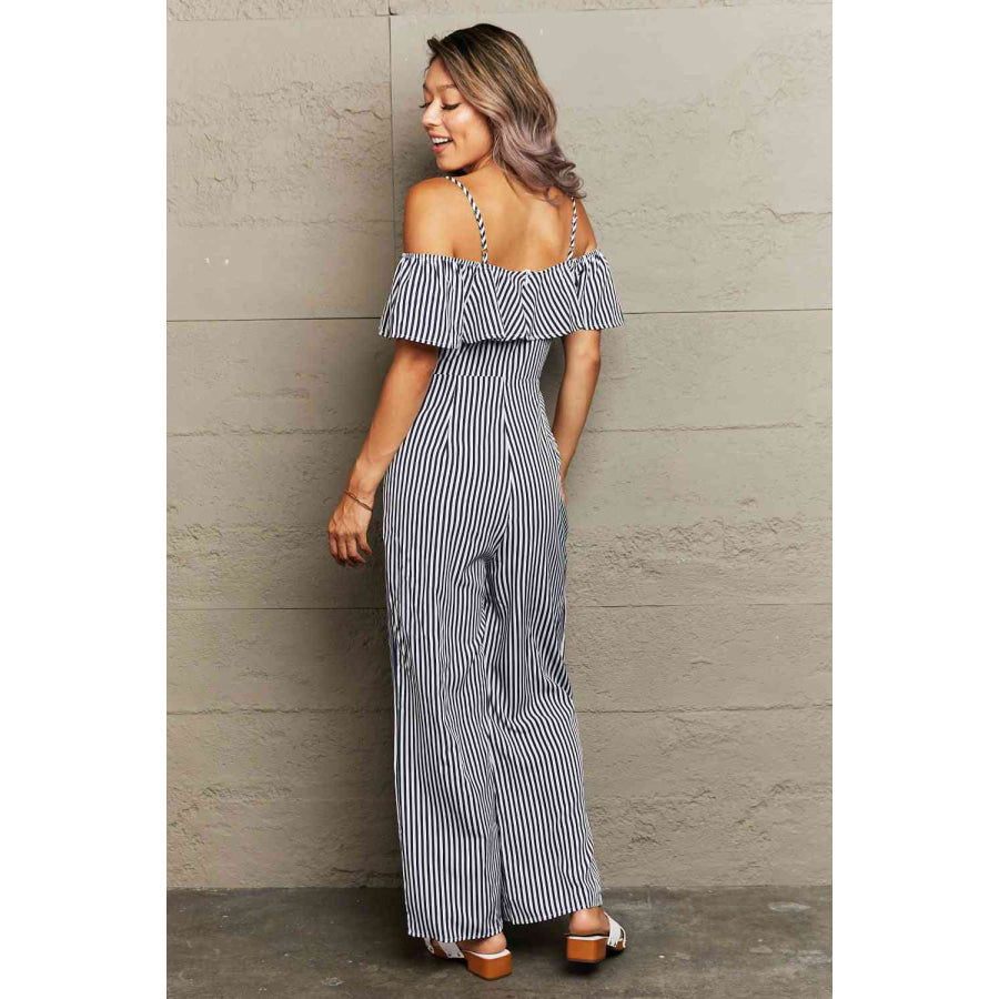 Striped Spaghetti Strap Cold - Shoulder Jumpsuit Apparel and Accessories