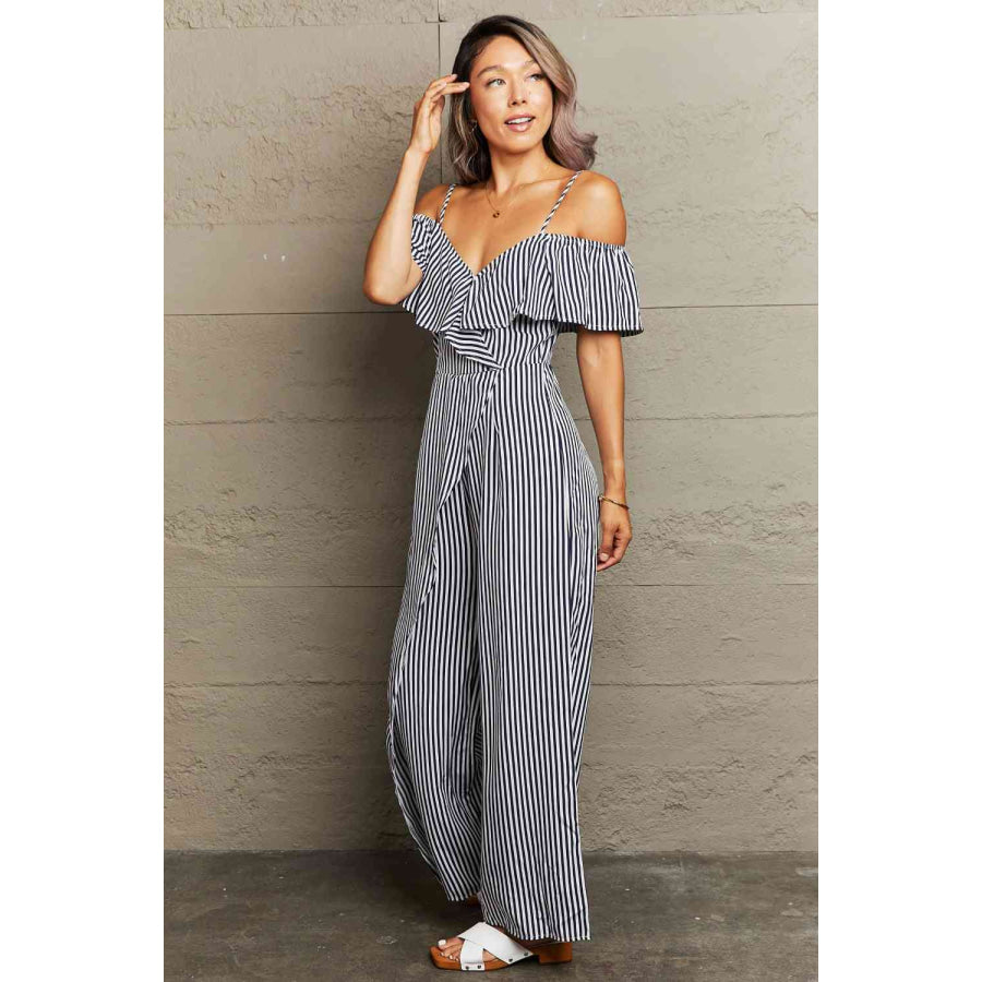 Striped Spaghetti Strap Cold - Shoulder Jumpsuit Apparel and Accessories