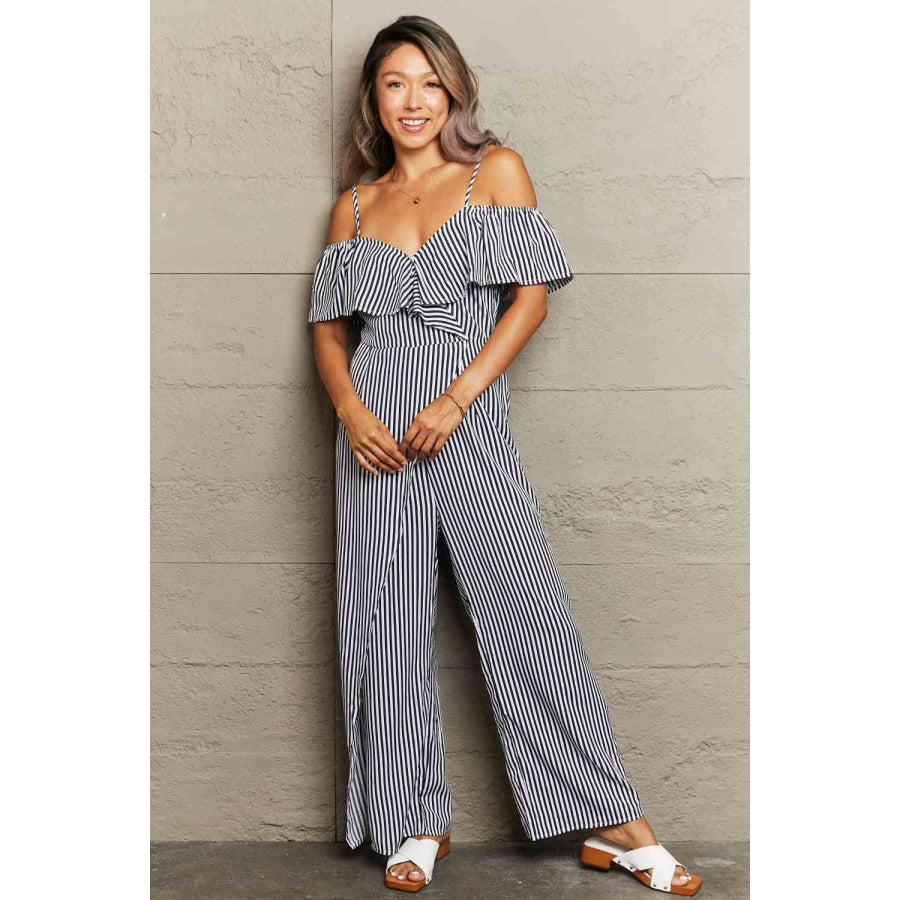 Striped Spaghetti Strap Cold - Shoulder Jumpsuit Stripe / S Apparel and Accessories