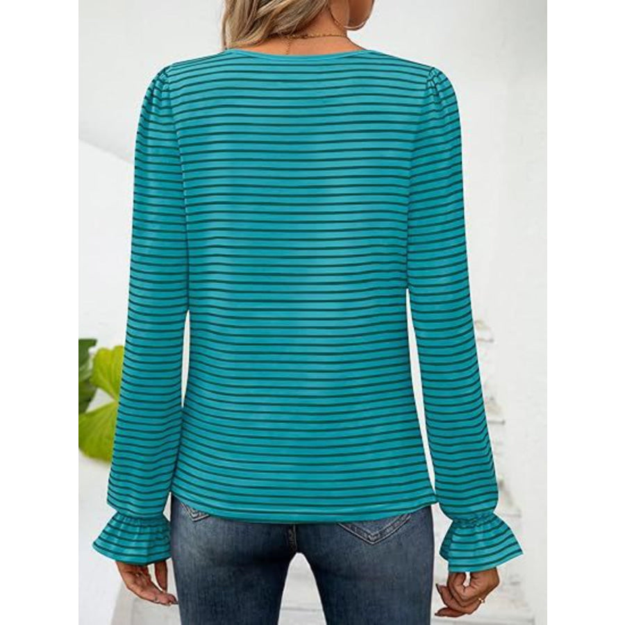 Striped Square Neck Flounce Sleeve Top Apparel and Accessories