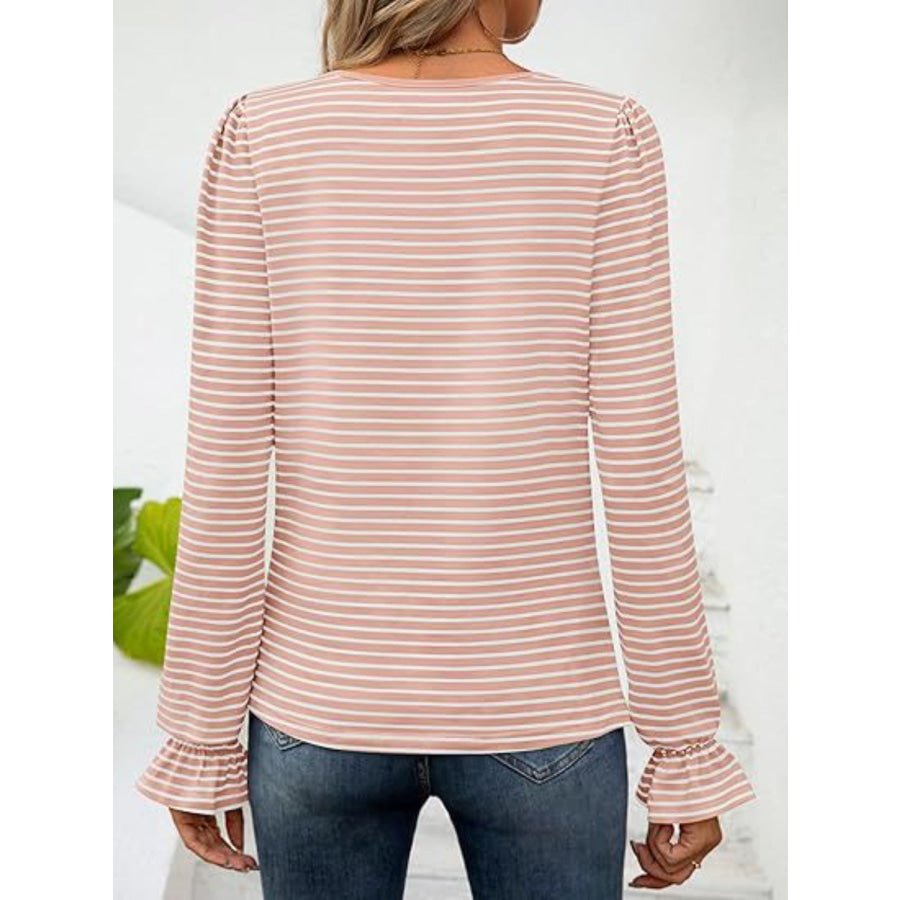 Striped Square Neck Flounce Sleeve Top Apparel and Accessories