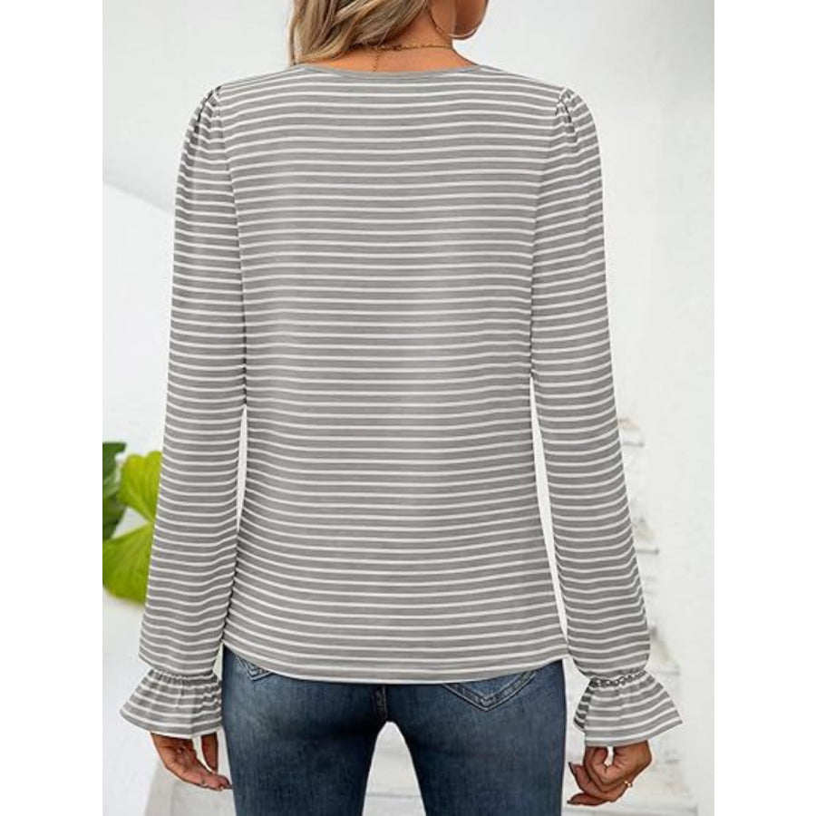 Striped Square Neck Flounce Sleeve Top Apparel and Accessories