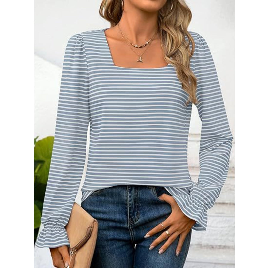 Striped Square Neck Flounce Sleeve Top Apparel and Accessories