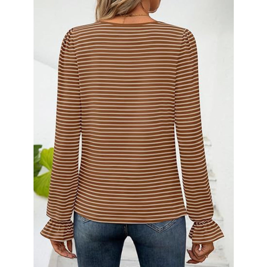 Striped Square Neck Flounce Sleeve Top Apparel and Accessories