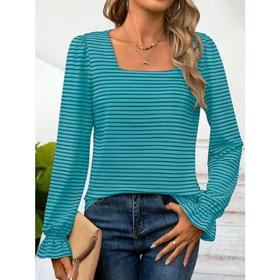 Striped Square Neck Flounce Sleeve Top Apparel and Accessories