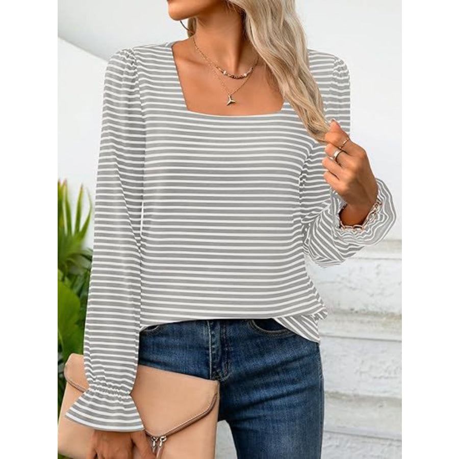 Striped Square Neck Flounce Sleeve Top Apparel and Accessories