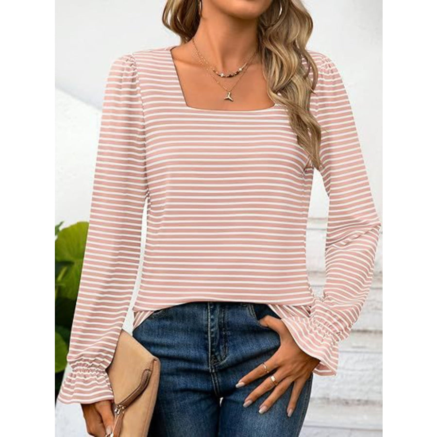 Striped Square Neck Flounce Sleeve Top Apparel and Accessories