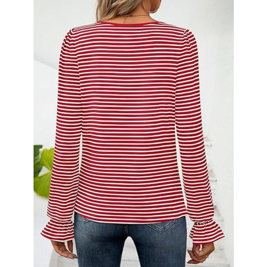 Striped Square Neck Flounce Sleeve Top Apparel and Accessories