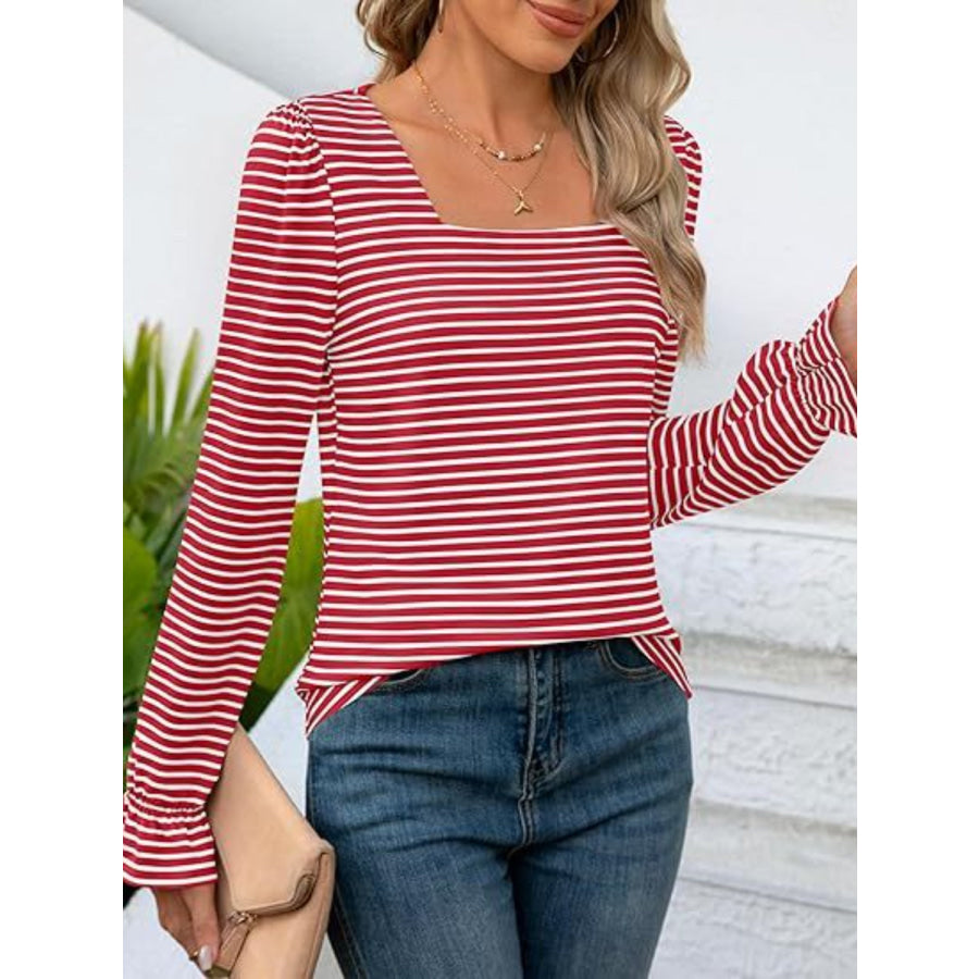 Striped Square Neck Flounce Sleeve Top Apparel and Accessories