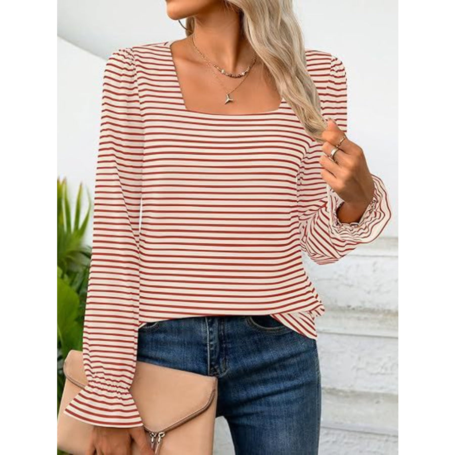 Striped Square Neck Flounce Sleeve Top Apparel and Accessories