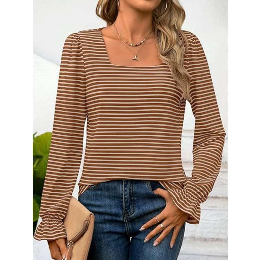 Striped Square Neck Flounce Sleeve Top Apparel and Accessories