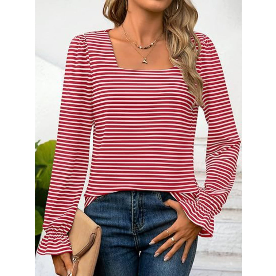 Striped Square Neck Flounce Sleeve Top Apparel and Accessories