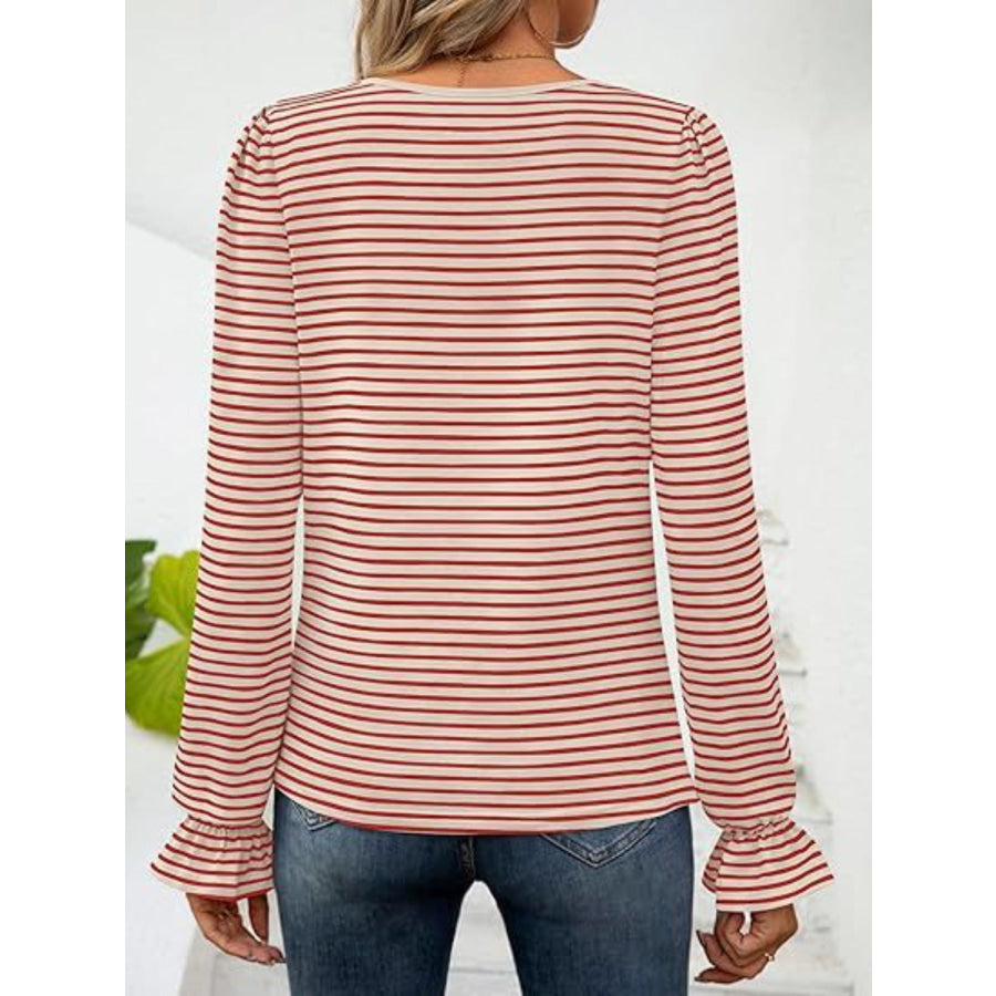 Striped Square Neck Flounce Sleeve Top Apparel and Accessories