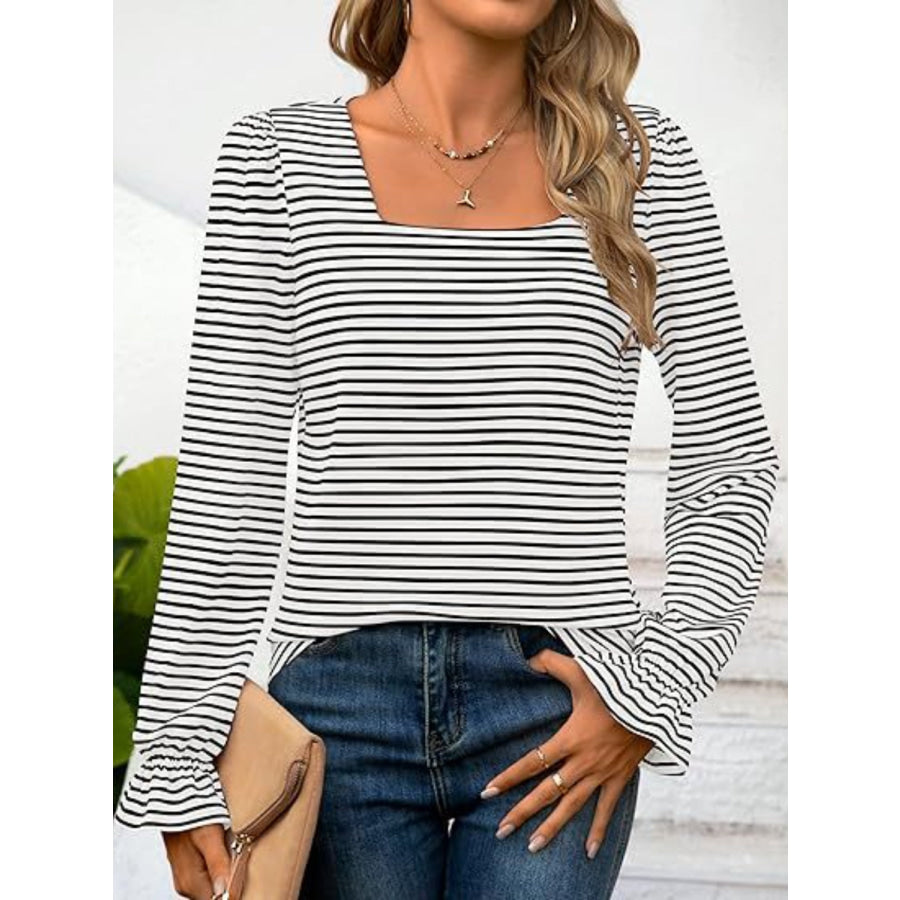 Striped Square Neck Flounce Sleeve Top Apparel and Accessories