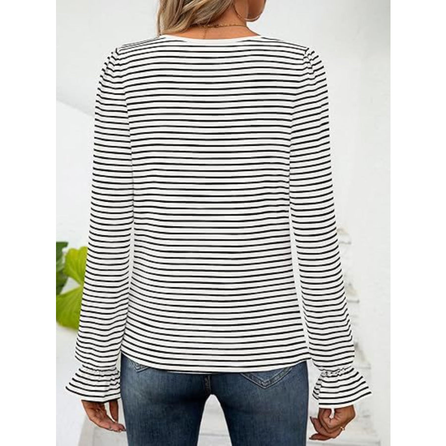 Striped Square Neck Flounce Sleeve Top Apparel and Accessories