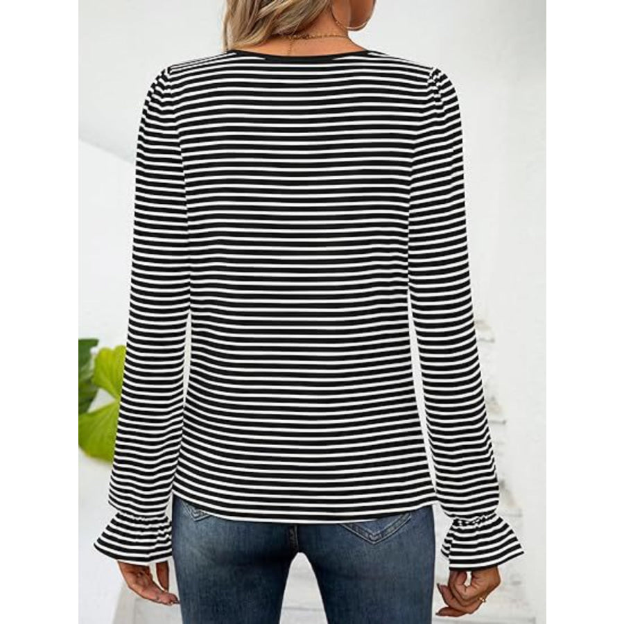 Striped Square Neck Flounce Sleeve Top Apparel and Accessories