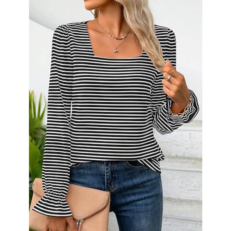 Striped Square Neck Flounce Sleeve Top Black / S Apparel and Accessories