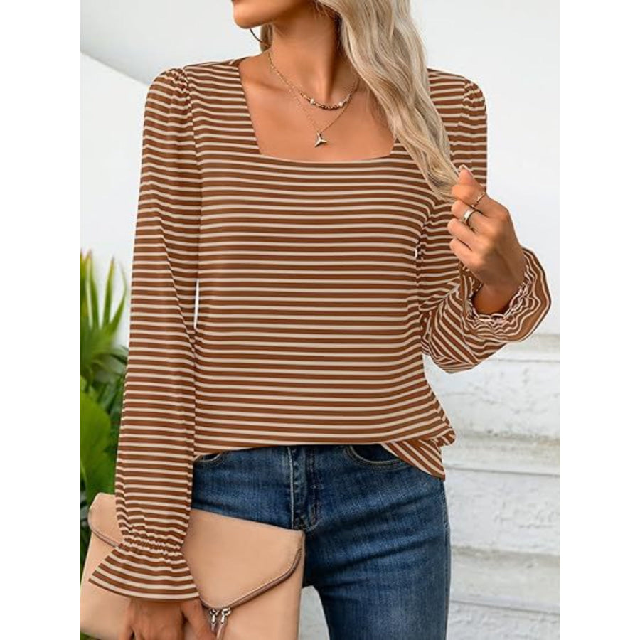 Striped Square Neck Flounce Sleeve Top Camel / S Apparel and Accessories