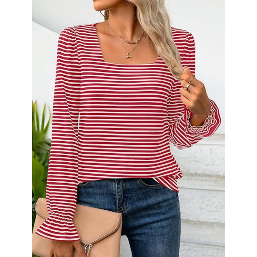 Striped Square Neck Flounce Sleeve Top Deep Red / S Apparel and Accessories