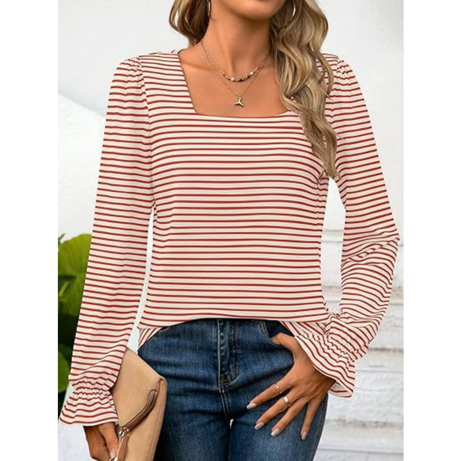 Striped Square Neck Flounce Sleeve Top Dusty Pink / S Apparel and Accessories