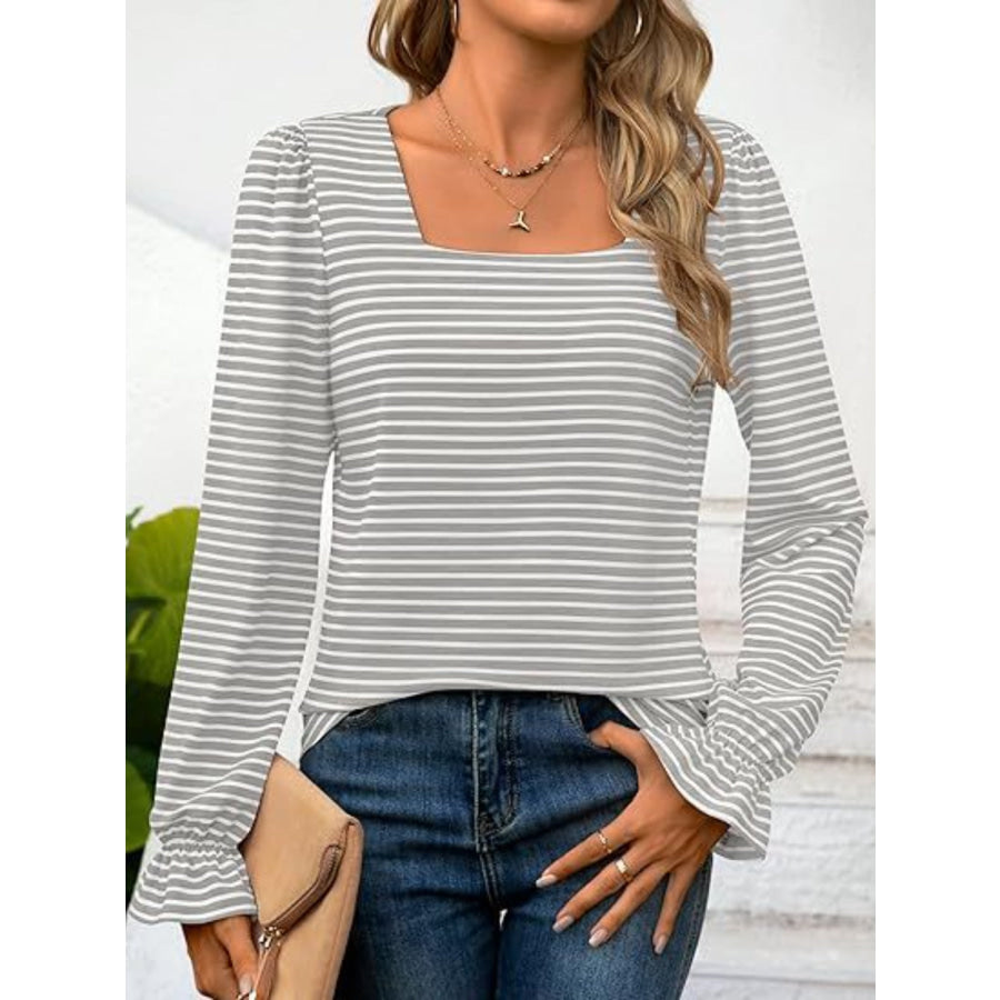 Striped Square Neck Flounce Sleeve Top Gray / S Apparel and Accessories