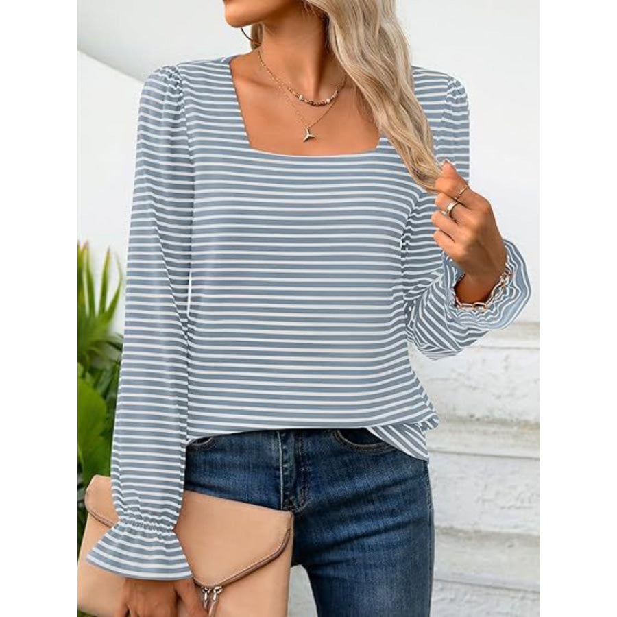 Striped Square Neck Flounce Sleeve Top Light Blue / S Apparel and Accessories