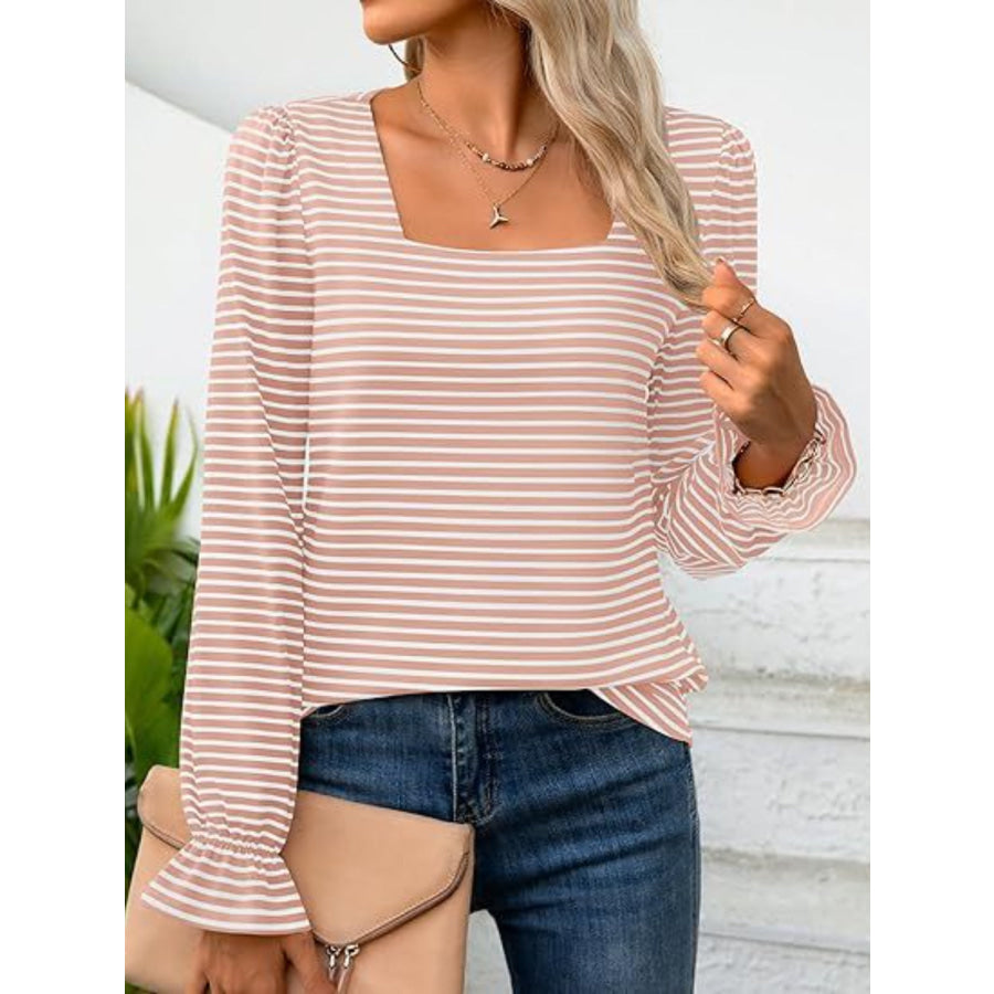 Striped Square Neck Flounce Sleeve Top Pale Blush / S Apparel and Accessories