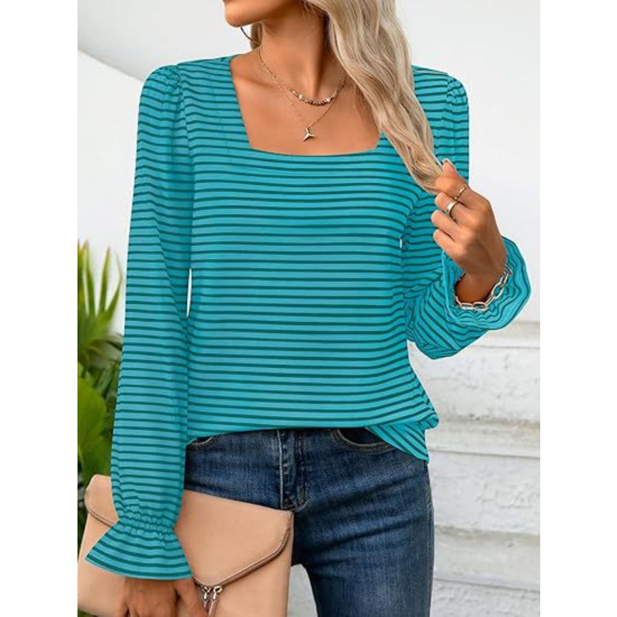 Striped Square Neck Flounce Sleeve Top Teal / S Apparel and Accessories