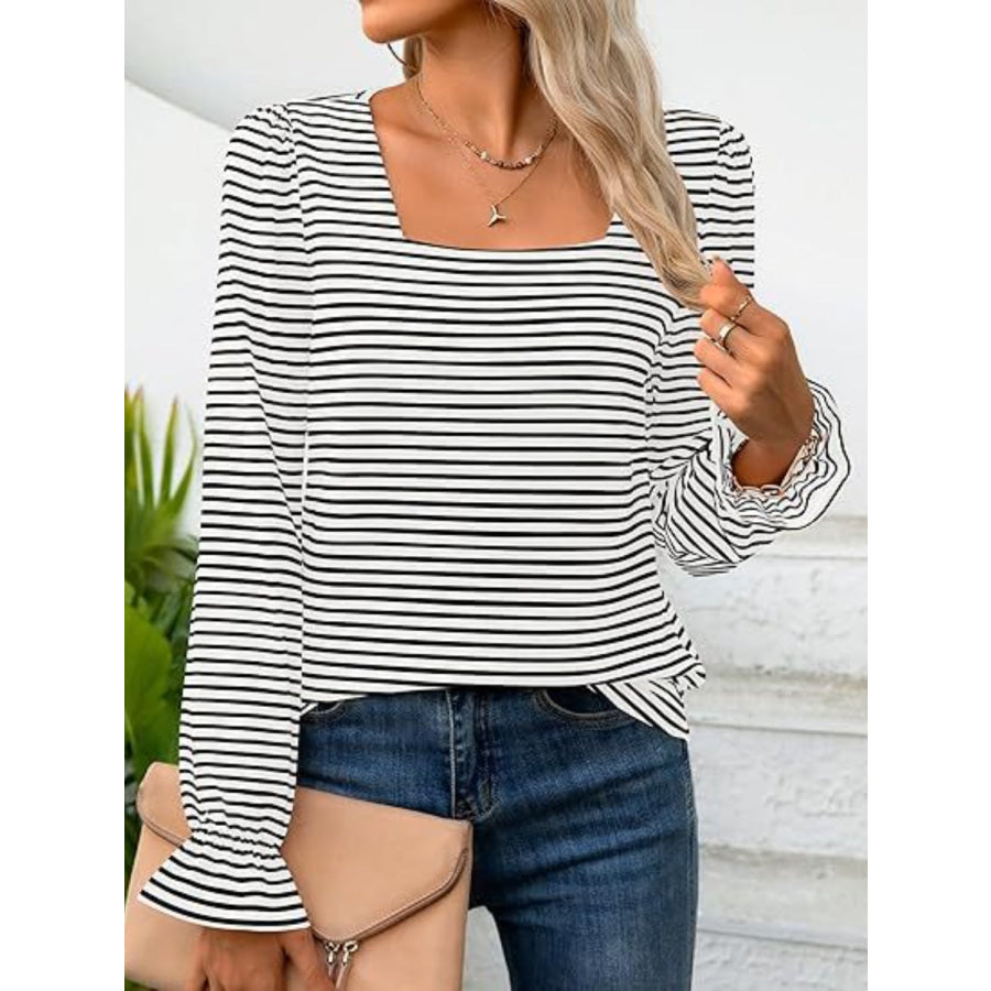 Striped Square Neck Flounce Sleeve Top White / S Apparel and Accessories